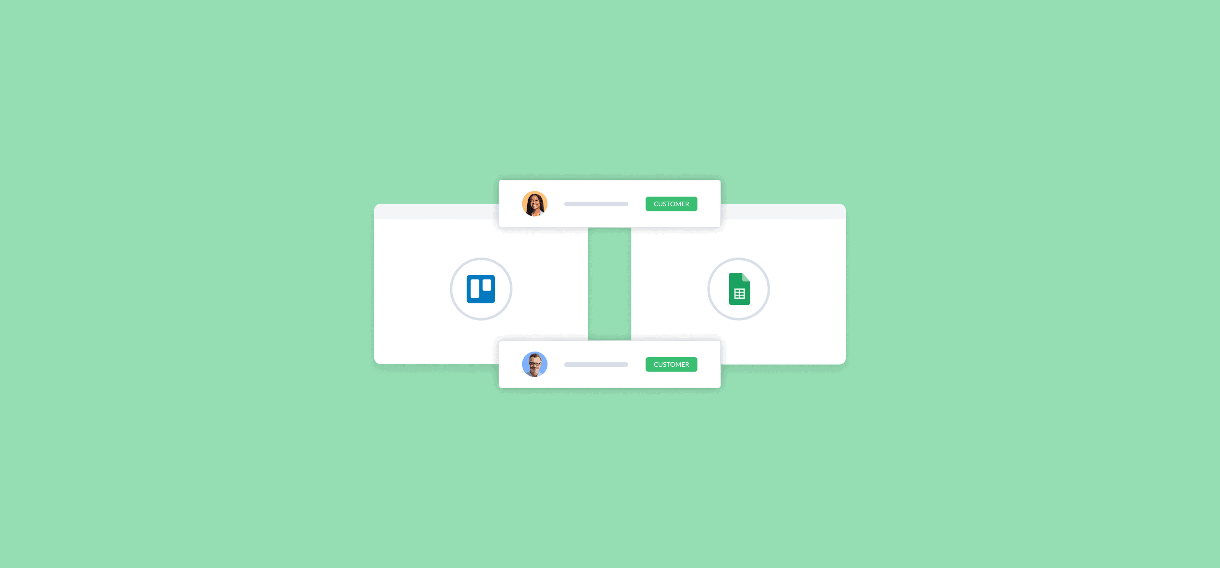 Logos for Trello and Google Sheets, representing two methods for exporting Trello to Google Sheets.